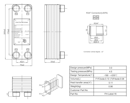 Female Thread Plate Wort Chiller Version 10 Plates Brazed Plate Heat Exchanger, 0.11m2 Heat Transfer Areas, Stainless Steel Heat Exchanger with R3/4" Fitting