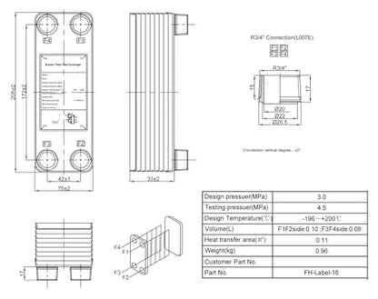 Female Thread Plate Wort Chiller Version 10 Plates Brazed Plate Heat Exchanger, 0.11m2 Heat Transfer Areas, Stainless Steel Heat Exchanger with R3/4" Fitting