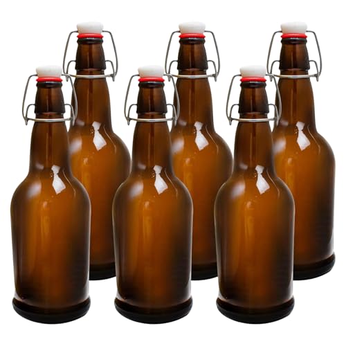 Flip Top Glass Bottles 6 Pack,16 Oz Amber Swing Top Beer Bottles with Airtight Lids, Home Brewing Beer, Wine, Reusable Leak-Proof Brewing Bottle