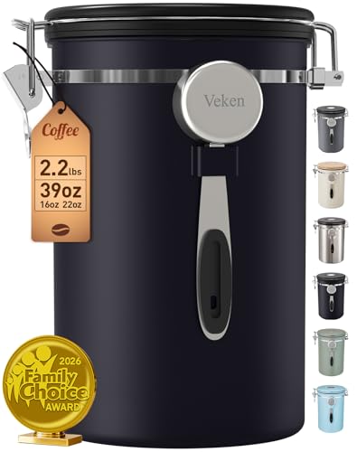 Veken Coffee Canister, 39OZ Large Christmas Coffee Lovers Gift Basket Set,Airtight Stainless Steel Food Storage Kitchen Container Gifts for 2.2lbs Beans, Ground, Sugar, Tea, Flour, Cereal, Scoop,Black - color: Black, size: 39 oz
