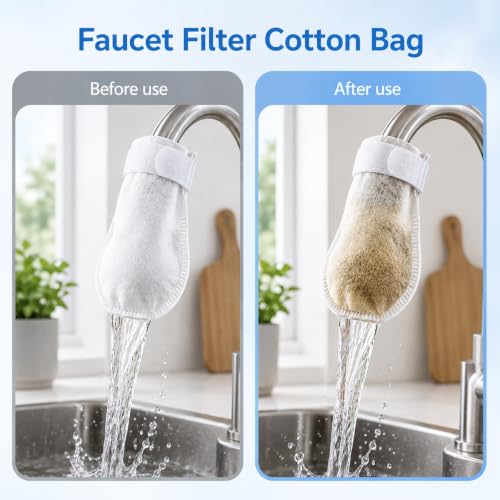 50 Pack High Density Faucet Filter Cotton Pouches, Anti-Splash Tap Water Purifier Bags, Fine Mesh Sediment Barrier Reduces Rust & Limescale, Universal Kitchen Tap Water Filter Guard for Home Daily Use