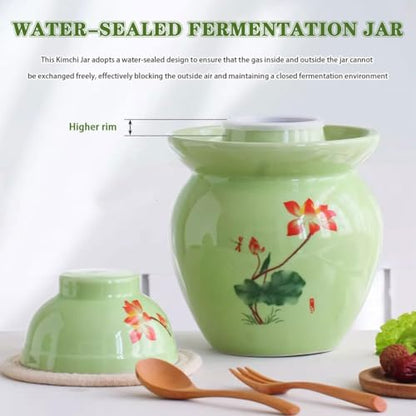 Lotus Pattern Fresh Kimchi Jar, Double Lid Design Fermentation Crock, Traditional Water-Sealed Pickling Tank, High Temperature Ceramic Material(7kg/246.9oz) - size: 7kg/246.9oz
