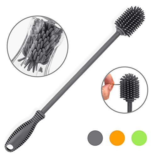 Silicone Bottle Cleaning Brush with Long Handle, 12.5" Water Bottle Cleaner for Baby Bottles, Hydro Flask, Sports Bottle, Vase, Glassware, Perfect for Smaller Diameter Bottle Openings (One Pack) - color: Gray