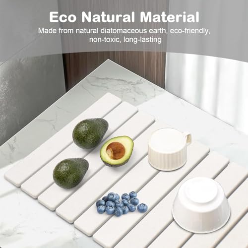 2 PCS Large Stone Dish Drying Mat for Kitchen Counter, 24"×16" Dish Drying Mat with 8"x 4" Coasters, Non - Slip Collapsible Absorbent Mat for Multi - Purpose, Match Any Countertop【White】