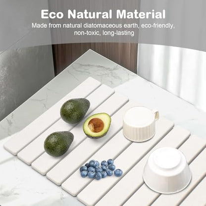 2 PCS Large Stone Dish Drying Mat for Kitchen Counter, 24"×16" Dish Drying Mat with 8"x 4" Coasters, Non - Slip Collapsible Absorbent Mat for Multi - Purpose, Match Any Countertop【White】