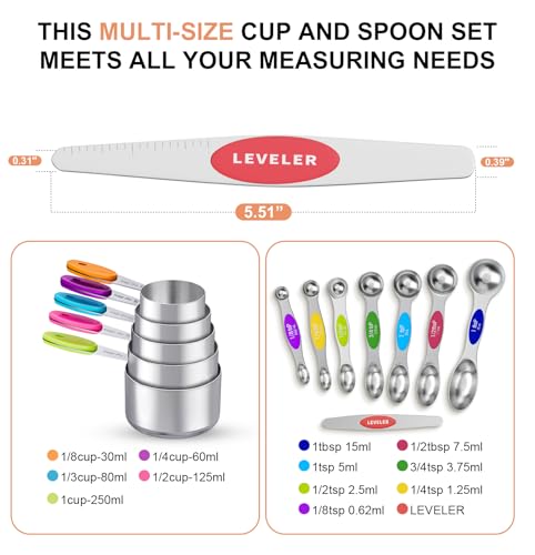 13-Piece Measuring Cups and Magnetic Spoons Set, 5 Stainless Steel Measuring Cups, 7 Double-Sided Magnetic Measuring Spoons & 1 Leveler for Cooking and Baking (5+7+1)