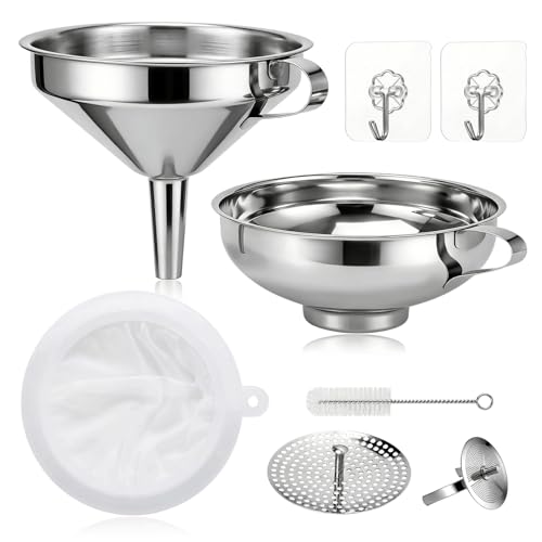 Stainless Steel 2 Pack Funnel Set Long Spout Funnel for Narrow Neck Bottles (Oil, Sauce) Wide Mouth Funnel for Mason Jars, Canning with 200μm Fine Mesh Strainer & Removable Filters (Large Set) - size: Large Set