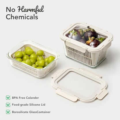GENICOOK Glass Produce Storage Containers for Fridge, 2-Pack – Airtight Fruit & Vegetable Containers with Removable Colanders, Flexible Silicone Lids,LeakProof, BPA-Free Borosilicate Glass - color: Beige