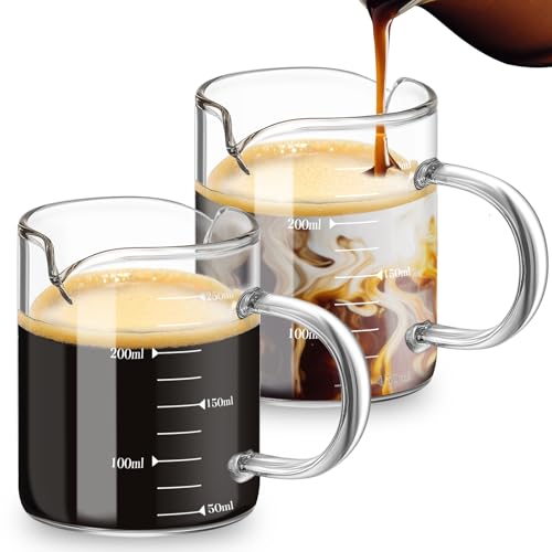 Patelai 2 Pcs 8oz Espresso Cups, Glass Measuring Cups with Double Spouts & Handle, Milk Frothed Cup Coffee Bars Accessories for Machine, Scale Glass Jars for Coffee, Water, Yogurt, Juice, Oil, 250ml - color: Scale, size: 8.5 oz