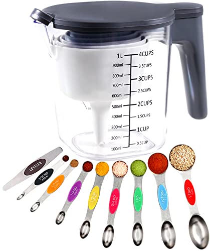 19-Piece Magnetic Measuring Cups and Spoons Set with Lid | BPA-free, dishwasher safe kitchen gadgets. Includes 1 lid, 9 nested cups & 9 magnetic spoons for liquid or dry food. - color: 19 Piece - Multicolor