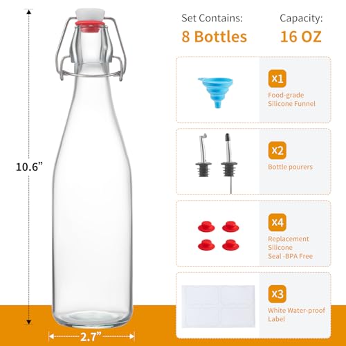 8 Set, 16 OZ Swing Top Glass Bottles - Flip Top Beer Brewing Bottles with Stopper for 2nd Fermentation, Kombucha, Mead Kefir, Vanilla Extract, Juice, Tea, Wine - Airtight Cap Lids, Bonus 2 Pourers