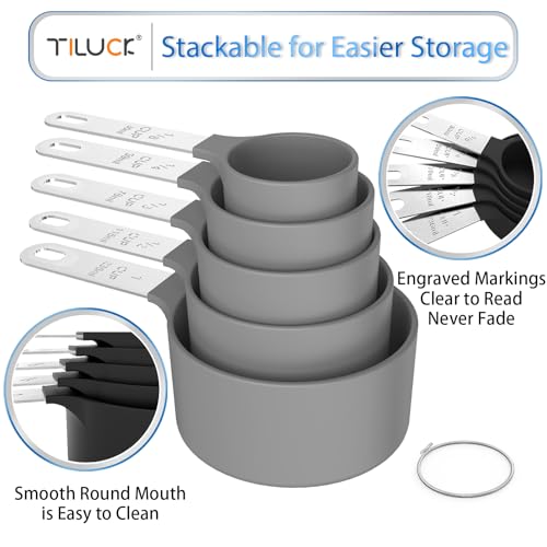 TILUCK Measuring Cups & Spoons Set, Stackable Cups and Spoons, Nesting Measure Cups with Stainless Steel Handle, Kitchen Gadgets for Cooking & Baking (Gray) - color: Gray