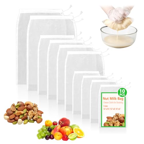 10Pcs Cheese Cloth Bag For Straining Reusable Nut Milk Bags Nylon Washable Fine Mesh Strainer Bags for for Almond Yogurt Juice Cheese Making Cold Brew Coffee Beer Tea (10Pcs 3 Size)