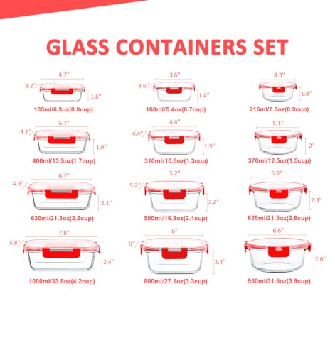 KOMUEE 24 Pieces Glass Food Storage Containers Set, Meal Prep Containers, BPA-Free Airtight Glass Storage Containers with lids, Freezer, Microwave and Oven Safe, Red - color: Red