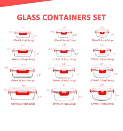 KOMUEE 24 Pieces Glass Food Storage Containers Set, Meal Prep Containers, BPA-Free Airtight Glass Storage Containers with lids, Freezer, Microwave and Oven Safe, Red - color: Red