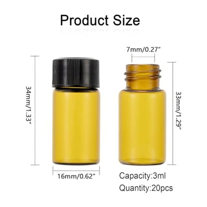 20pcs 3ml Mini Amber Glass Vials With Screw Caps, Small Bottles Sample Vials for Essential Oil and Perfume - size: 3ml-20pcs
