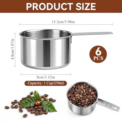 6Pcs Stainless Steel Measuring Cup, 1 Cup - 250ml Metal Measuring Cup, Comfortable Hand Feeling Measuring Scoops for Coffee Cooking Baking Kitchen - size: 1 Cup
