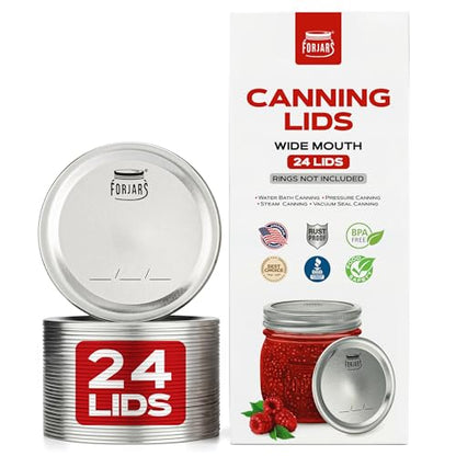 FORJARS - Wide Mouth Canning Lids, 24-Pack – Create Airtight Seals on Mason Jars to Preserve Food for Meal Prep & Emergency Food Storage – 3.4 In. Metal Lids with Silicone Seals – Canning Supplies - style: 24-Pack
