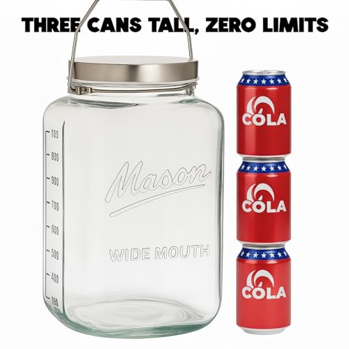 kitchentoolz Large 2 Gallon Glass Mason Jar with Big Airtight Metal Lid and Carry Handle – Wide Mouth Square Container with Measurements for Dry Goods, Bulk Storage, and Food Prep