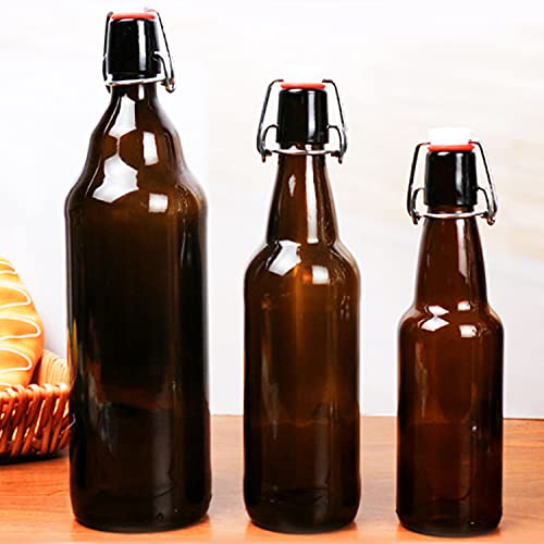 Amber Glass Bottles With Air Tight Lids 32 oz, Easy Cap for Beer and Home Brewing, Kombucha With Stoppers, Swing Top for Beverages 8 Pack