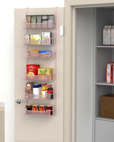 VyGrow 12.3" W Narrow Over the Door Pantry Organizer, 6-Tier Over the Door Organizer with Adjustable Basket, Pantry Door Organization for Pantry Kitchen Storage Room Spice Rack, Pink - color: Pink, size: 12.3"W 6-Tier