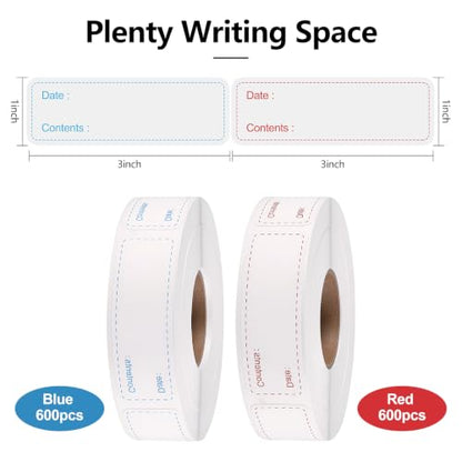 Thboxes 2 Rolls 1200 Pieces Freezer Labels Food Storage Stickers, 1 x 3 Inch Removable Food Labels for Refrigerator and Freezer Food Labeling, Dating Containers, Bags and Jars - color: 1200 Pcs Red & Blue