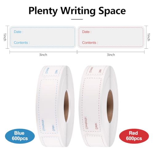 Thboxes 2 Rolls 1200 Pieces Freezer Labels Food Storage Stickers, 1 x 3 Inch Removable Food Labels for Refrigerator and Freezer Food Labeling, Dating Containers, Bags and Jars - color: 1200 Pcs Red & Blue