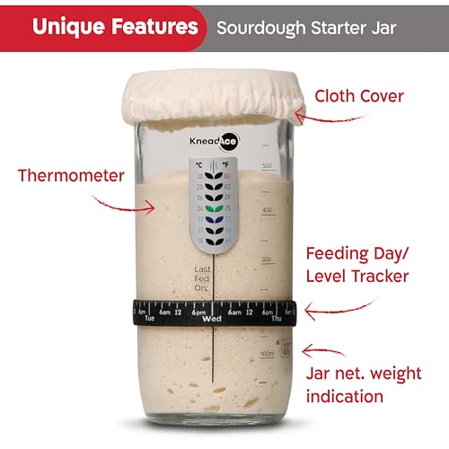 KNEADACE Sourdough Starter Jar With Date Marked Feeding Band, Thermometer, Sourdough Jar Scraper, Sourdough Container Sewn Cloth Cover & Metal Lid, Sourdough Starter Kit - color: 1 Pack