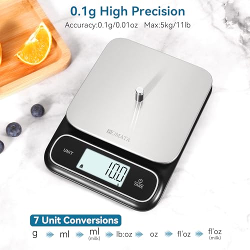 BOMATA Waterproof IPX6 Kitchen Scale, 0.1 g/0.01 oz High Precision, 5 kg/11 lbs, Digital Scale with Backlight, Stainless Steel Weighing Platform, for Food, Cooking, Baking, Weight Loss.. B619, Black - color: Black