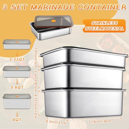 Reallnaive 3 Pcs Stainless Steel Marinade Containers with Lid, 3.3, 5.6, 8 Qt Metal Meat Brining Containers, Brining Prepstorage Box Dishwasher Safe Bpa Free for BBQ Tailgates Storage - size: 3.3，5.6 , 8 Qt