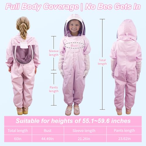 Pink Kids Bee Suit Bee Suits for Kids and Girl Full Body Kid Beekeeping Suit with Veil Hood and Glove Children Beekeeper Bee Costume 100% Cotton Skin Breathable for Family, Backyard, Gifts, Halloween
