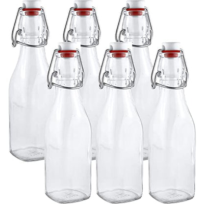 Estilo Swing Top Easy Cap Clear Glass Bottles with Caps, Round, 8.5 oz, Set of 6 - Standard Size, Flip Top Glass Bottles to Store Home Brews, Oils, Vinaigrettes, Wines, Beer, Teas - Syrup Bottles