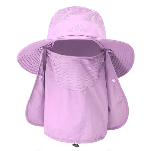 Sun Hats for Men Women Fishing Hat UPF 50+ Breathable Wide Brim Summer UV Protection Hat - color: Purple(with Face Cover & Neck Flap )
