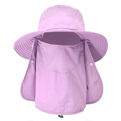 Sun Hats for Men Women Fishing Hat UPF 50+ Breathable Wide Brim Summer UV Protection Hat - color: Purple(with Face Cover & Neck Flap )