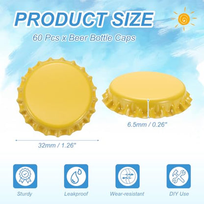 uxcell 60 Pcs Oxygen Absorbing Beer Bottle Caps, 32mm Pry Off Bulk Crown Caps Bottle Toppers for Soda Beer Wine Glass Bottles Home Brewing DIY Pendants or Craft Scrapbooks, Yellow - color: Yellow