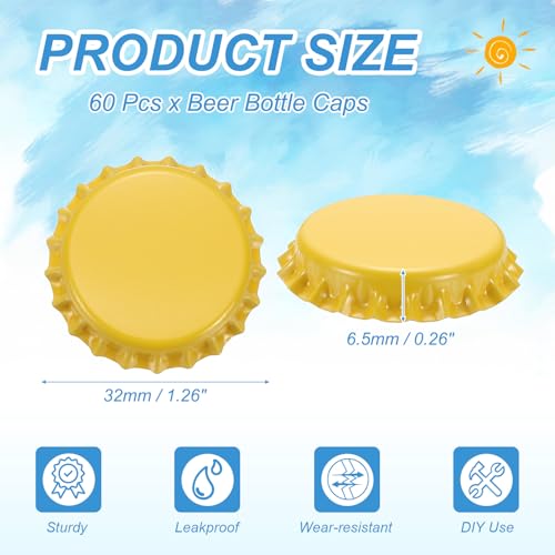 uxcell 60 Pcs Oxygen Absorbing Beer Bottle Caps, 32mm Pry Off Bulk Crown Caps Bottle Toppers for Soda Beer Wine Glass Bottles Home Brewing DIY Pendants or Craft Scrapbooks, Yellow - color: Yellow