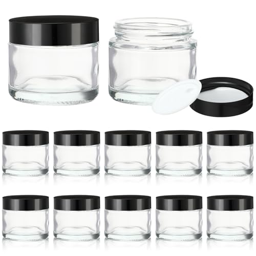 12 Pcs 2 oz Clear Glass Jars with Black Lids Leakproof Round Airtight Jars Empty Cosmetic Jars with Inner Liners Lid for Candle Making Storing Lotions Spice Powder Liquid Sample Makeup (Black,clear) - color: clear, size: 2 oz(12 Pcs)
