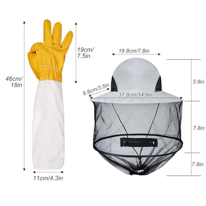 Sucrain Beekeeping Gloves Hats Set Thick Leather Bee Gloves with Ventilated Sleeves & Bee Keeper Fencing Veil Mosquito Hats Bee Outfit for Backyard and Beekeeping