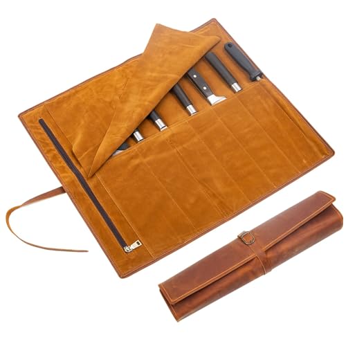 Genuine Leather Knife Roll, Knife Bags for Chefs Professional, Small Chef'S Knife Case Holder, Knives Holders Protectors with 7 Slots (7 Slots and Zipper Dark brown) - color: 7 Slots and Zipper Dark brown