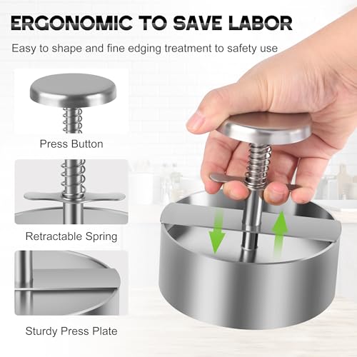 Burger Press, Adjustable Hamburger Prees Patty Maker 4.52" - Non-Stick Mold and Spring Button 304 Stainless Steel Burger Patty Press Making Patties for Beef, Vegetables, Meat, BBQ, Party Grill