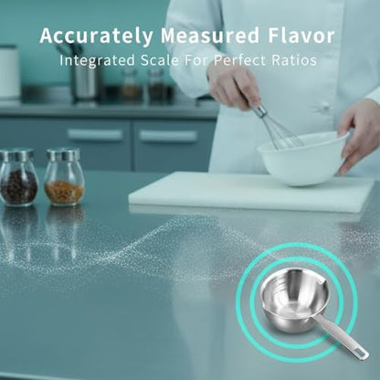 Mini 304 Stainless Steel Oil Ladle with Seasoning Bowl, Small Melting Sauce Pot, Butter Warmer with Pour Spout, Ergonomic Handle, Measuring Scale, for Cooking & Serving