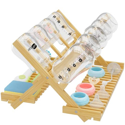 DSVENROLY Baby Bottle Drying Rack Foldable Vertical Bamboo Milk Bottle and Accessories Organizer for Busy Parents, Maximizes Space, Quick Drying, Easy Cleanup & Storage (Bamboo)