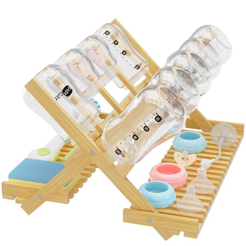 DSVENROLY Baby Bottle Drying Rack Foldable Vertical Bamboo Milk Bottle and Accessories Organizer for Busy Parents, Maximizes Space, Quick Drying, Easy Cleanup & Storage (Bamboo)