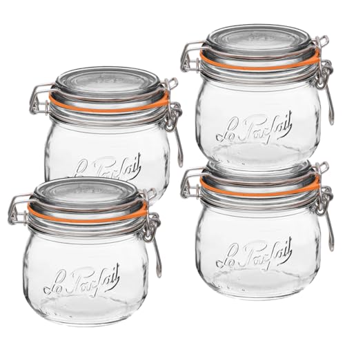 Le Parfait Super Jar 500mL (16oz) French Glass Preserving Jar w/Airtight Rubber Seal & Wire Bail Closure - BPA-Free Canning Jar for Pickles, Fruit, Sauce & Food Storage - Made in France Since 1930 4PK - color: 16oz (Set/4)