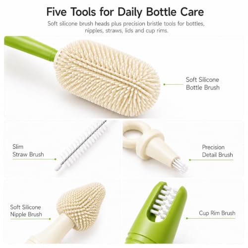Baby Bottle Brush Set for Baby Bottles, 5 Cleaning Tools with Silicone Bottle and Nipple Brush Heads, Straw Brush, Detail Brush, Cup Rim Cleaner, Integrated Travel Storage, (Green)