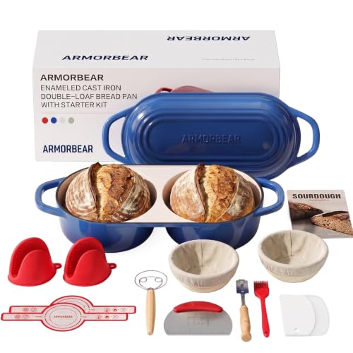 Sourdough Bread Baking Kit with Double Loaf Cast Iron Bread Pan, Blue | Bakes two mini loaves at once with banneton proofing baskets included - color: Blue, size: Double Bread Oven & Baking Kit