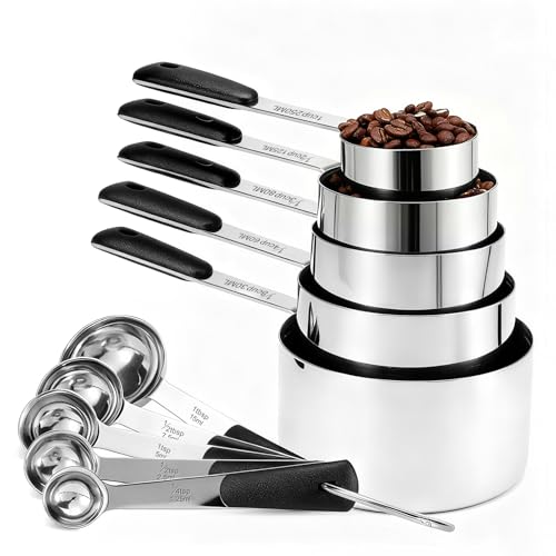 Bopei Measuring Cups and Spoons Set Stainless Steel 10 Piece for Cooking and Baking (5 Cups + 5 Spoons, Black Handle) - color: Black