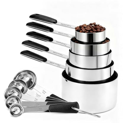 Bopei Measuring Cups and Spoons Set Stainless Steel 10 Piece for Cooking and Baking (5 Cups + 5 Spoons, Black Handle) - color: Black