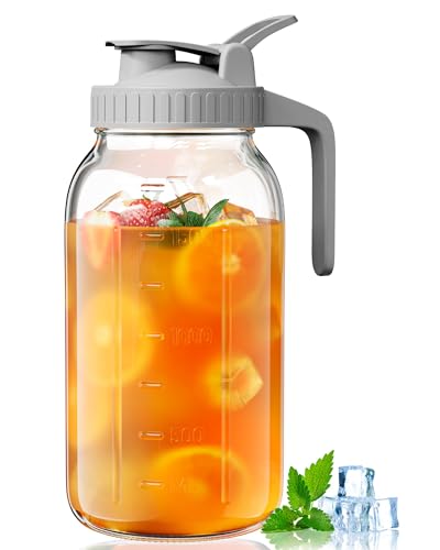 OneDream 64oz Mason Jar Pitcher, Airtight & Leakproof Glass Pitcher with Lid, Perfect for Sun Tea, Iced Tea, Cold Brew and Breastmilk, 2 Quart (1/2 Gallon) Mason Jar with Pour Spout Lid and Handle - color: Gray, size: 64 Ounces