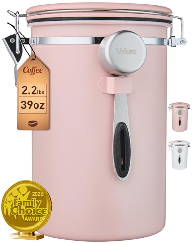 Veken Coffee Canister, 39OZ Large, Airtight Stainless Steel Food Storage Container for 2.2lbs Coffee Beans, Ground, Sugar, Tea, Cookie,Flour, Kitchen Bar Accessories with Date Tracker & Scoop, Pink - color: Pink, size: 39 oz